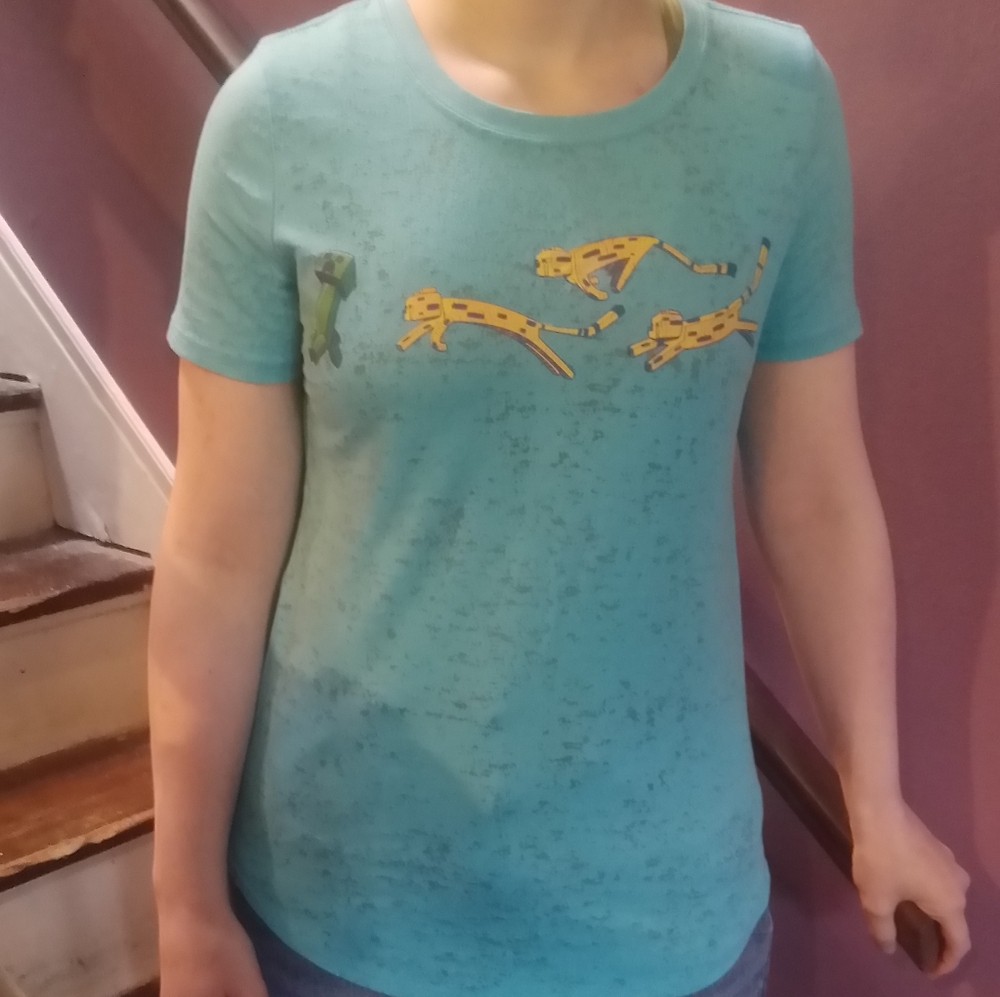 Girls Minecraft Ocelot & Creeper Cap Sleeved Bright Turquoise T-shirt, XL 14/16